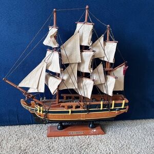 Wooden Model Ship with Cream Sails